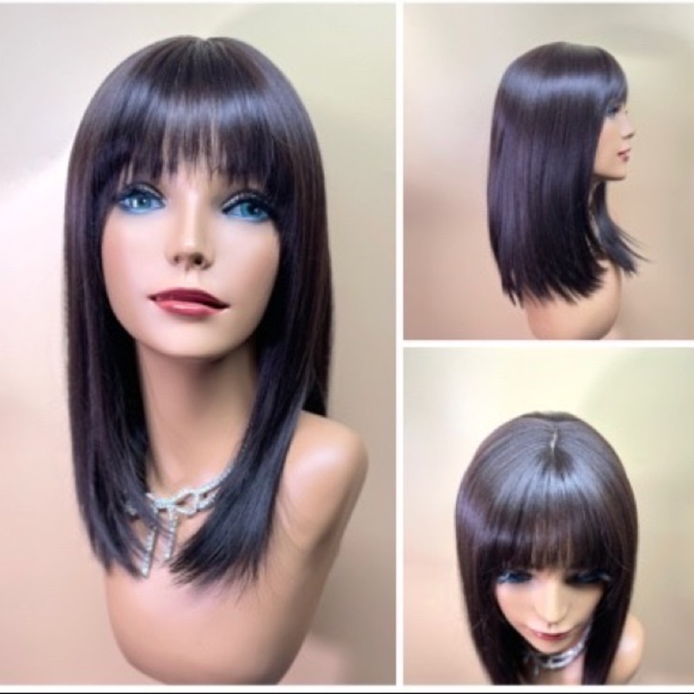 15” brown black shoulder length trimmed bangs straighten layer synthetic wig